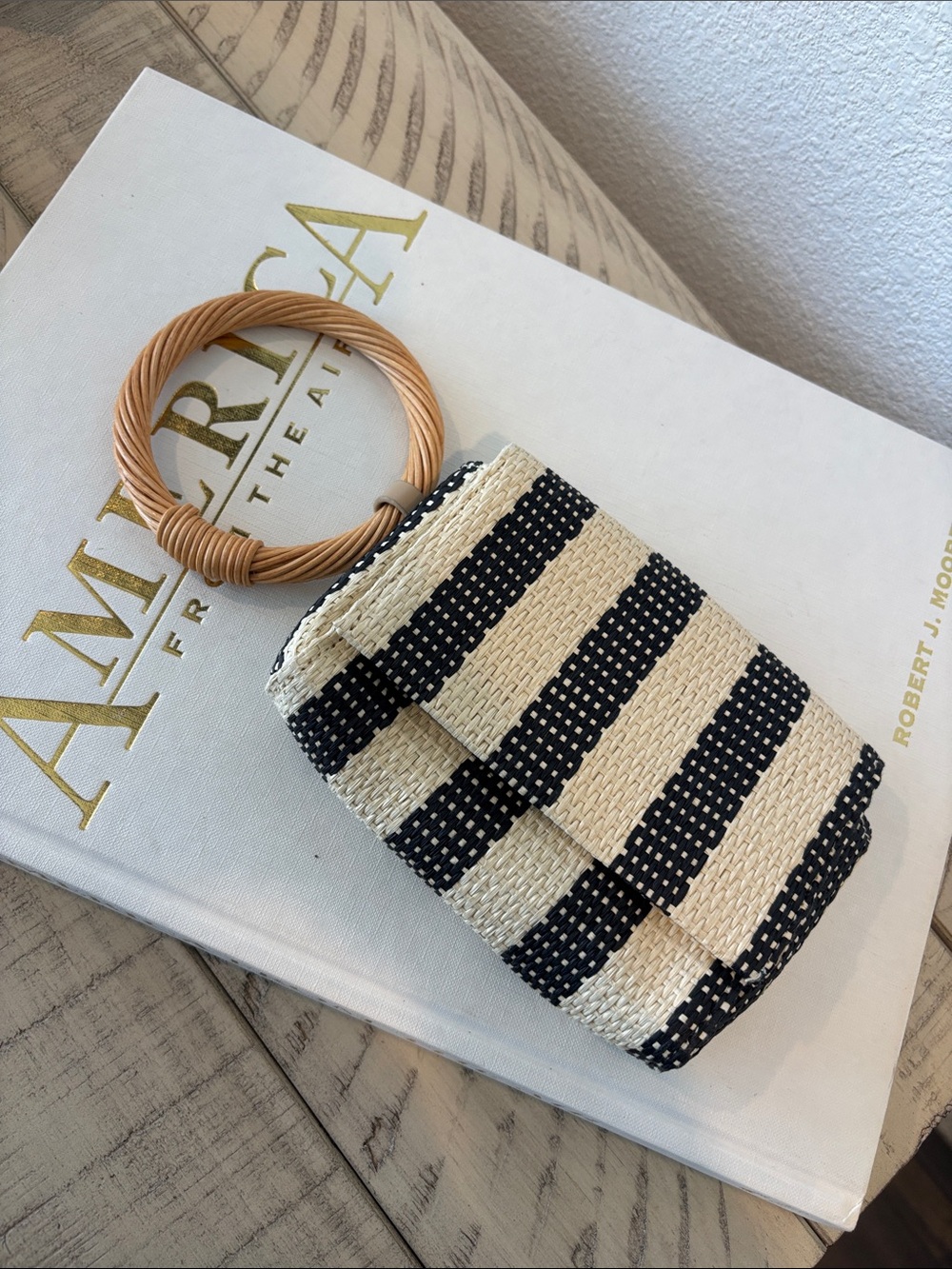 a new day Black and Cream Woven Stripe Mini Wristlet with Tan Ring Handle